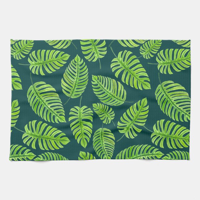 Monstera leaves, tropical watercolor pattern tea towel (Horizontal)