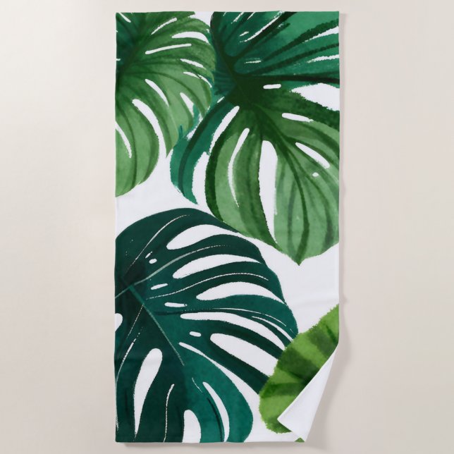 Monstera Leaves Watercolor Beach Towel (Front)