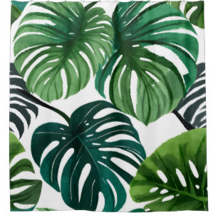 Monstera Leaves Watercolor Botanical Tropical Shower Curtain
