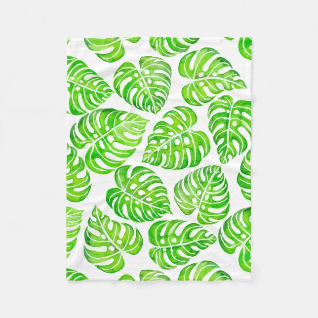 Monstera leaves watercolor fleece blanket (Front)