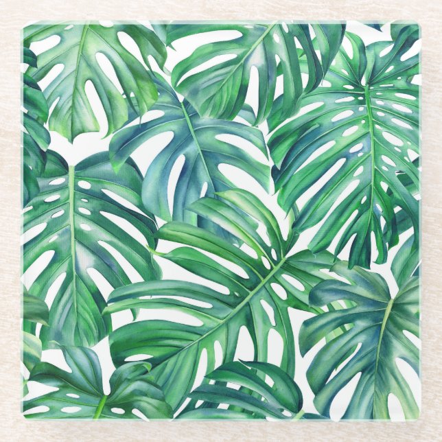 Monstera Leaves: Watercolor Jungle Pattern. Glass Coaster (Front)