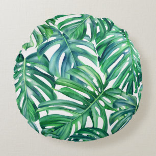 Monstera Leaves: Watercolor Jungle Pattern. Round Cushion