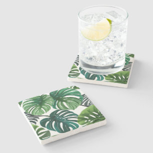 Monstera Leaves Watercolor Modern Botanical Stone Coaster