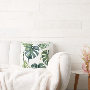 Monstera Leaves Watercolor Painting Throw Pillow