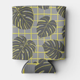 Monstera Leaves: Yellow-Grey Modern Abstract Can Cooler