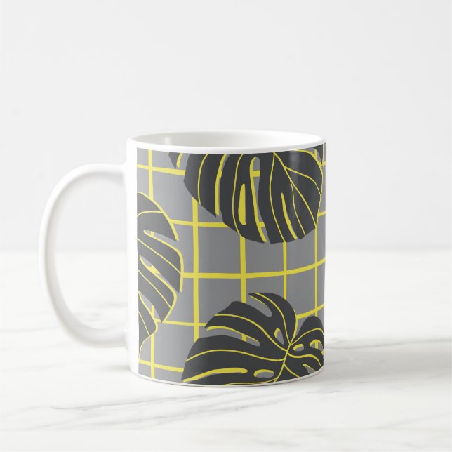 Monstera Leaves: Yellow-Grey Modern Abstract Coffee Mug (Left)