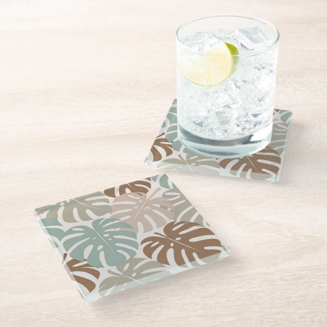 Monstera modern hawaii boho glass coaster (Angled)