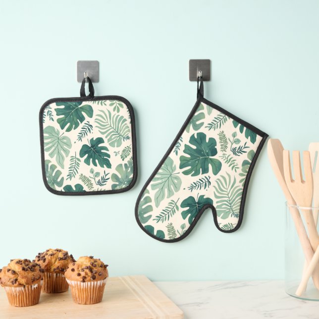 Monstera Mood – Tropical Leaf  Oven Mitt & Pot Holder Set (Insitu(Hanging))