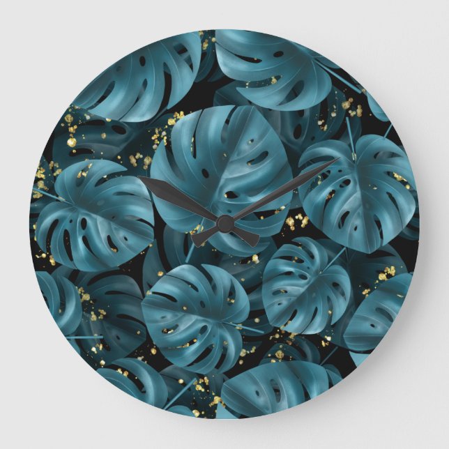 Monstera Palm, Golden Splash Seamless. Large Clock (Front)