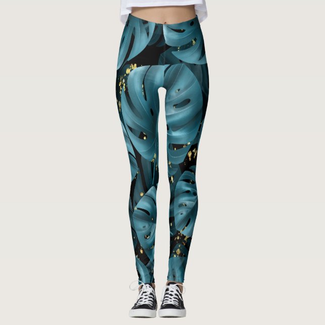 Monstera Palm, Golden Splash Seamless. Leggings (Front)