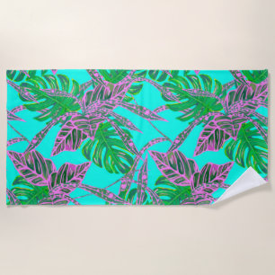 Monstera Palm leaf coleus tropical turquoise pink Beach Towel