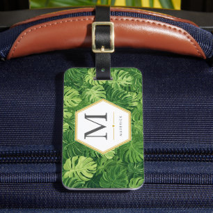 Monstera Palm Leaf Tropical Greenery Gold Hexagon Luggage Tag