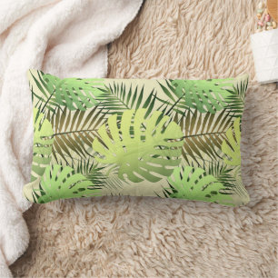Monstera palm leaves tropical jungle lumbar cushion