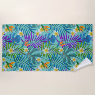 Monstera Palm Trees Plumeria Birds of Paradise Beach Towel