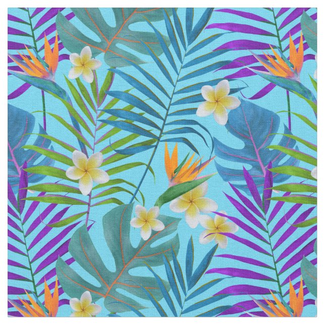 Monstera Palm Trees Plumeria Strelitzia Fabric (Close Up)