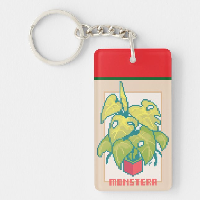 Monstera Pixelart, Pixel Art Key Ring (Front)