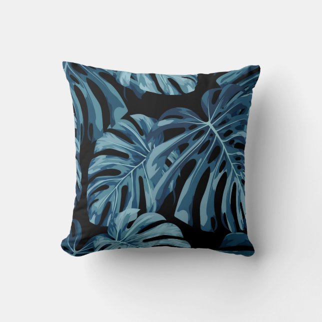 Monstera plant: blue leaves pattern. cushion (Front)