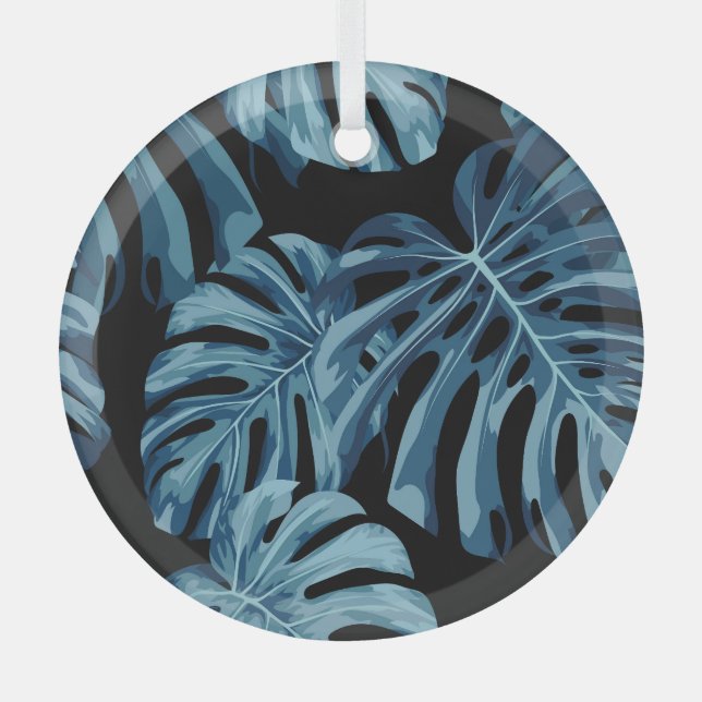 Monstera plant: blue leaves pattern. glass tree decoration (Front)