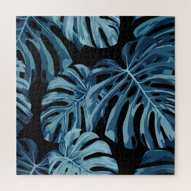 Monstera plant: blue leaves pattern. jigsaw puzzle (Vertical)