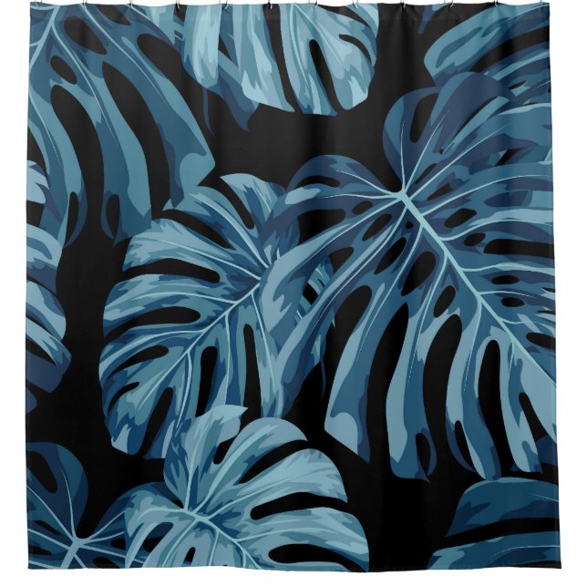 Monstera plant: blue leaves pattern. shower curtain (Front)