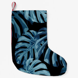 Monstera plant: blue leaves pattern. small christmas stocking