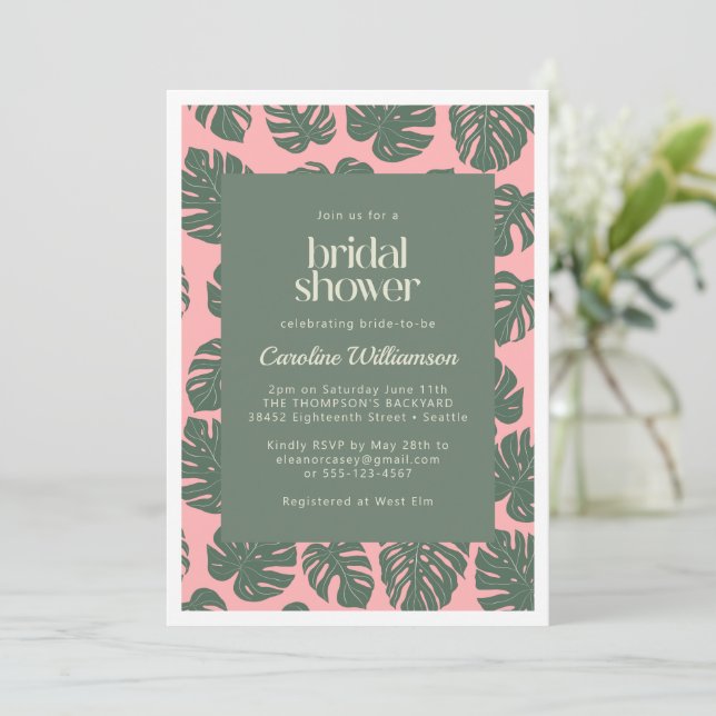 Monstera Plant Botanical Pink Green Bridal Shower Invitation (Standing Front)