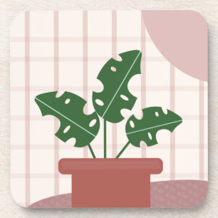 Monstera Plants Terracotta Plaid Background Pink Coaster