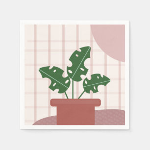 Monstera Plants Terracotta Plaid Background Pink Napkin