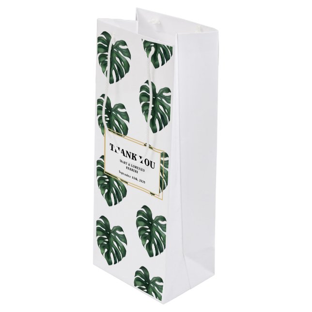 Monstera Thank you Wedding  Wine Gift Bag (Front Angled)