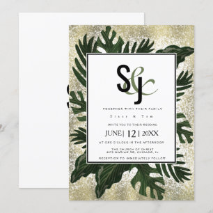 Monstera Tropical Faux Gold Splash Wedding Suite Invitation