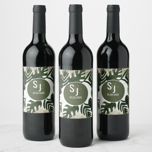 Monstera Tropical Faux Gold Splash Wine Label (Bottles)