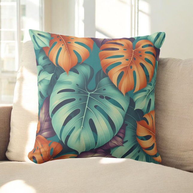 Monstera Tropical Flowers Boho Watercolor Botanica Cushion (Creator Uploaded)