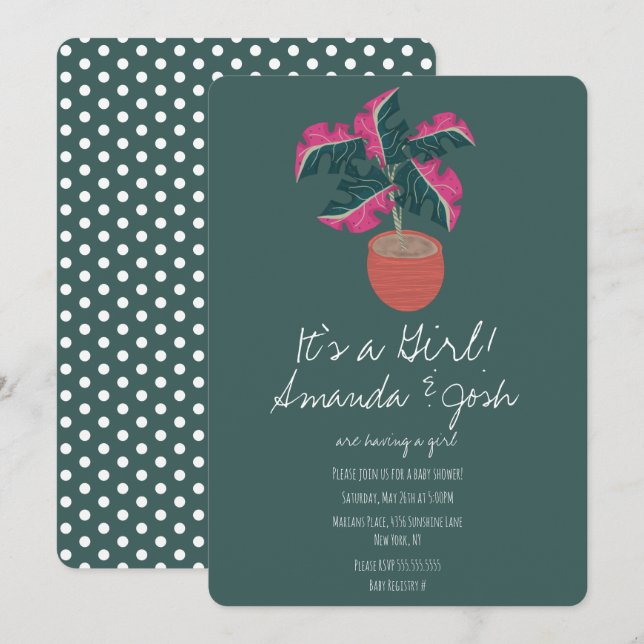 Monstera Tropical Green Dots Girls Baby Shower Invitation (Front/Back)