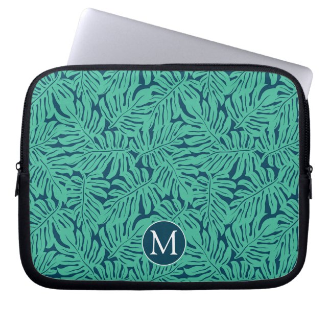 Monstera Tropical Leaf Pattern | Monogram Laptop Sleeve (Front)