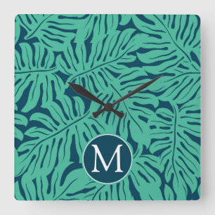 Monstera Tropical Leaf Pattern Monogram Square Wall Clock
