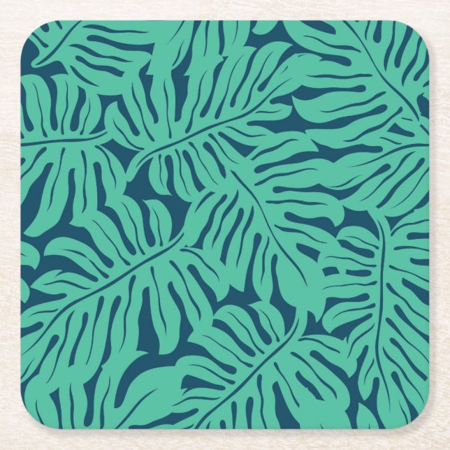 Monstera Tropical Leaf Pattern Square Paper Coaster (Front)