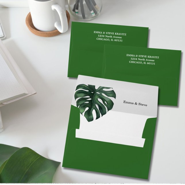 Monstera Tropical Leaf Wedding Return Address Envelope (Creator Uploaded)