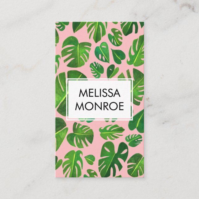 Monstera tropical leaves illustrated watercolor business card (Front)