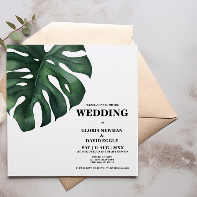 Monstera Tropical Palm Leaf Square Wedding Invitation (Creator Uploaded)