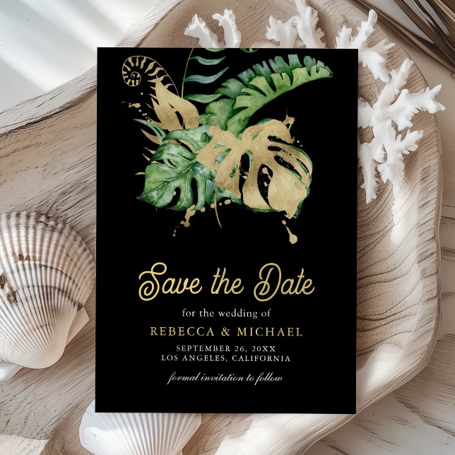 Monstera Tropical Palm Photo Black Wedding Save The Date (Creator Uploaded)