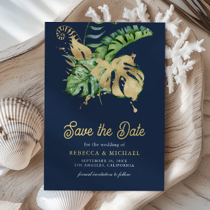 Monstera Tropical Palm Photo Navy Blue Wedding Save The Date