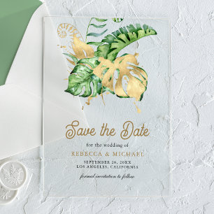 Monstera Tropical Palm Wedding Save the Date Acrylic Invitations
