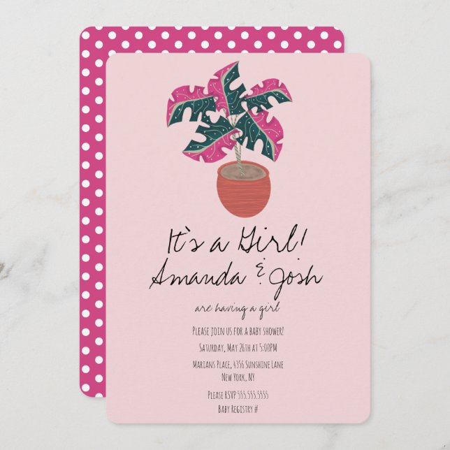 Monstera Tropical Pink Dots Girls Baby Shower Invitation (Front/Back)
