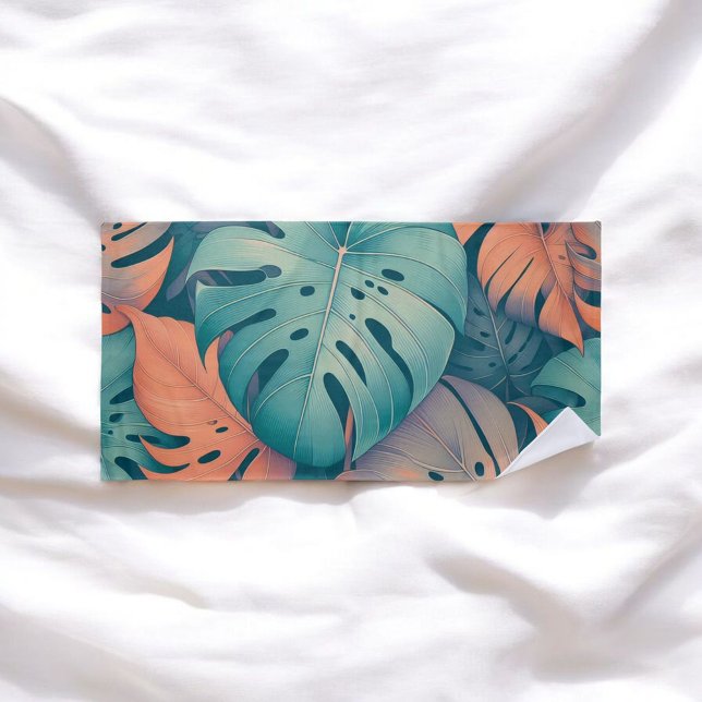 Monstera Tropical Watercolor Greenery Palm Leaves Beach Towel (Creator Uploaded)