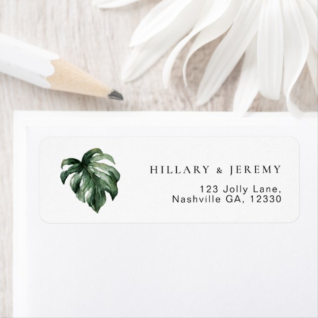 Monstera Tropical Wedding Return Address  Label (Insitu)
