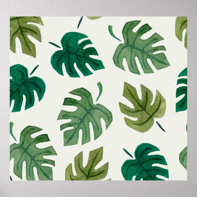 Monstera Watercolor: Green Seamless Texture. Poster (Front)