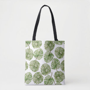 Monstera Watercolor Green Tropical Leaves Seamless Tote Bag