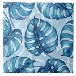 Monstera watercolor pattern blue ceramic tile
