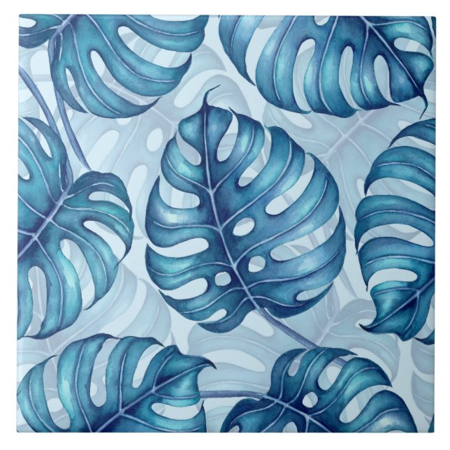 Monstera watercolor pattern blue ceramic tile (Front)