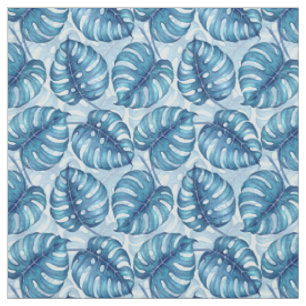 Monstera watercolor pattern blue fabric